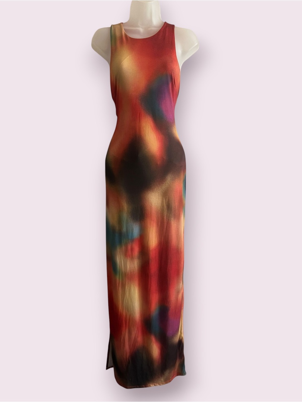 Fashion Nova Abstract Print Bodycon Maxi Dress Side Slit Sleeveless Size L